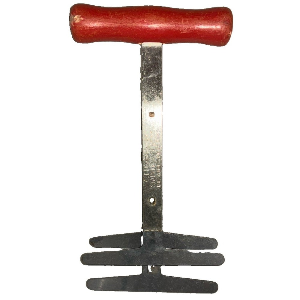 Vintage FOLEY Chopper Spring Loaded 3 Blades Red Wood Handle Rustic Farmhouse